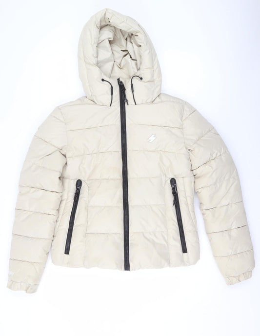 Superdry Women Beige Hooded Puffer Jacket UK 8 Winter Coat