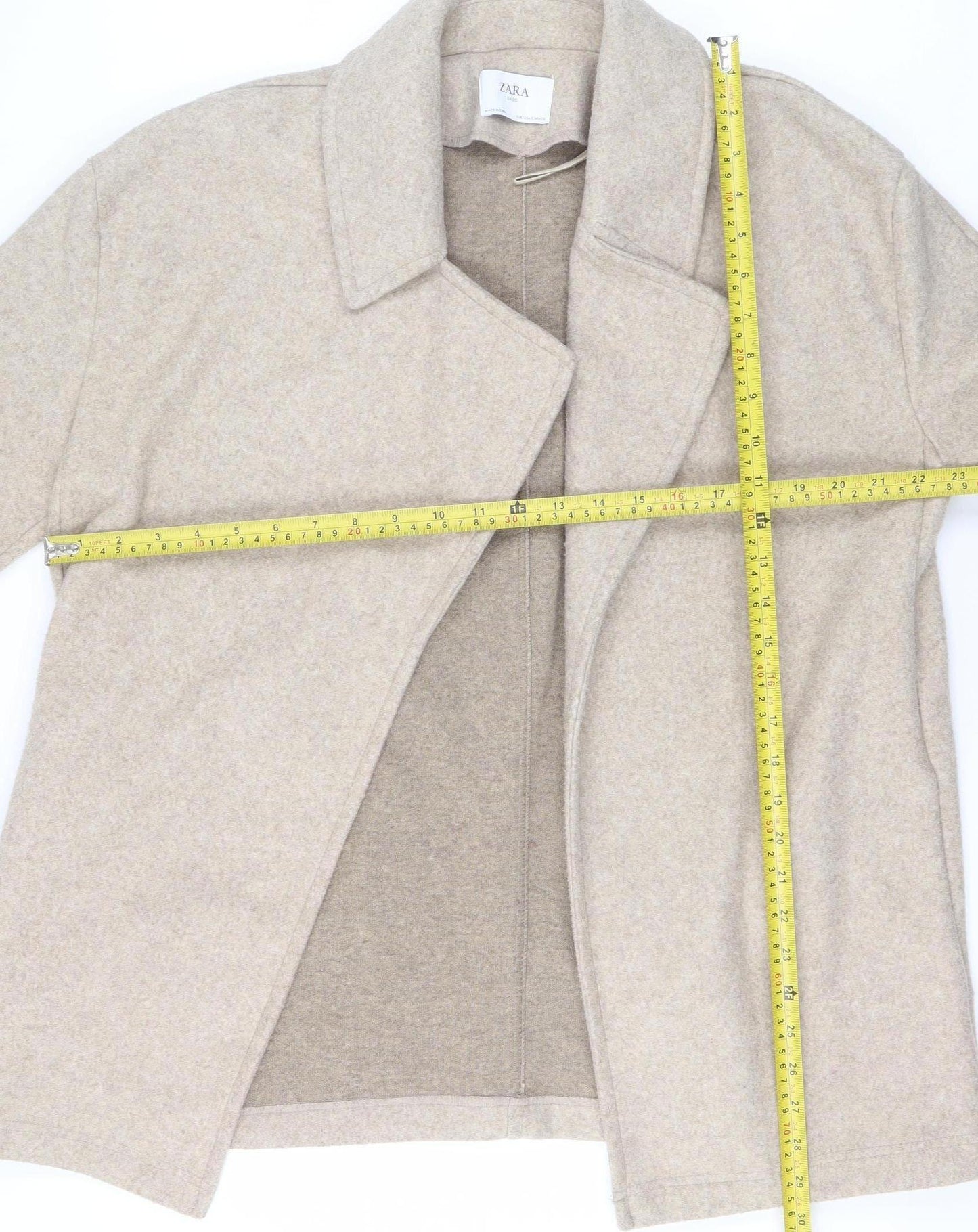 Zara Women Beige Mid-Length Open Front Polyester Coat Size S