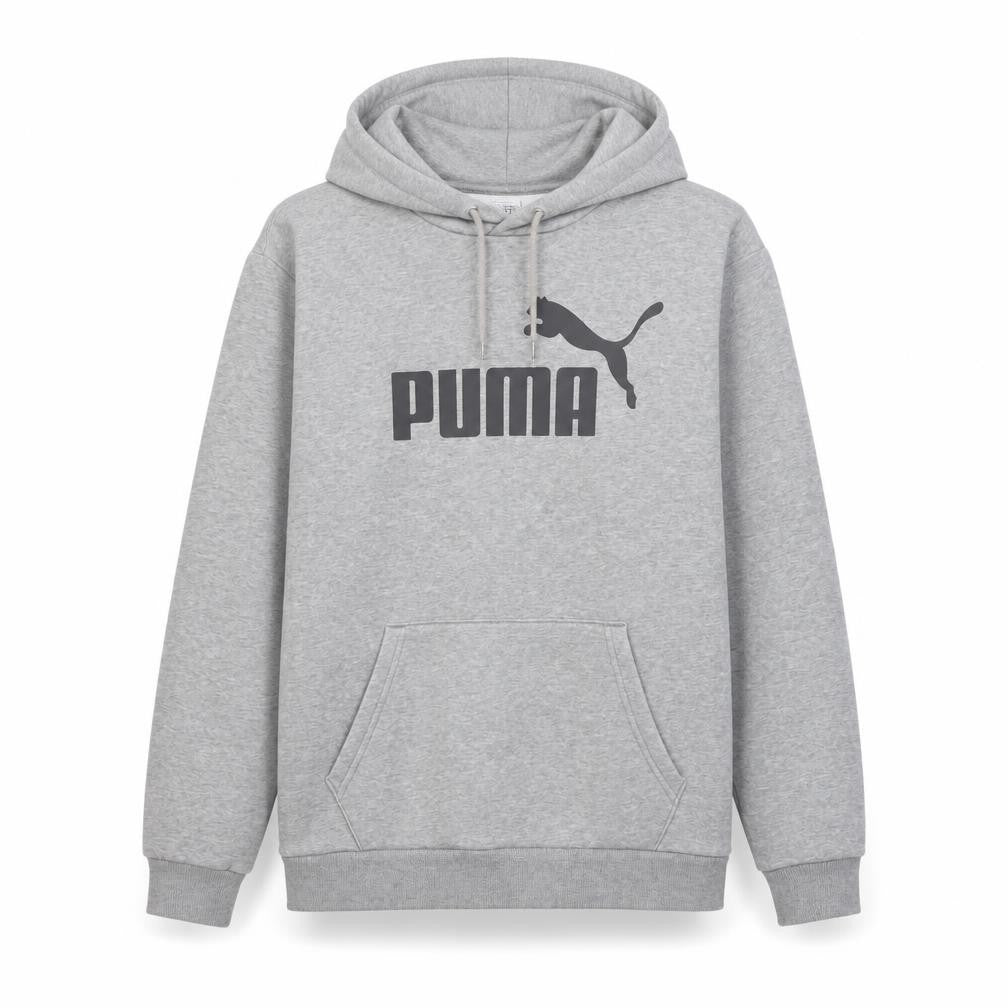 Front view of Puma Men's Grey Pullover Hoodie, size M, Regular Fit Sportswear