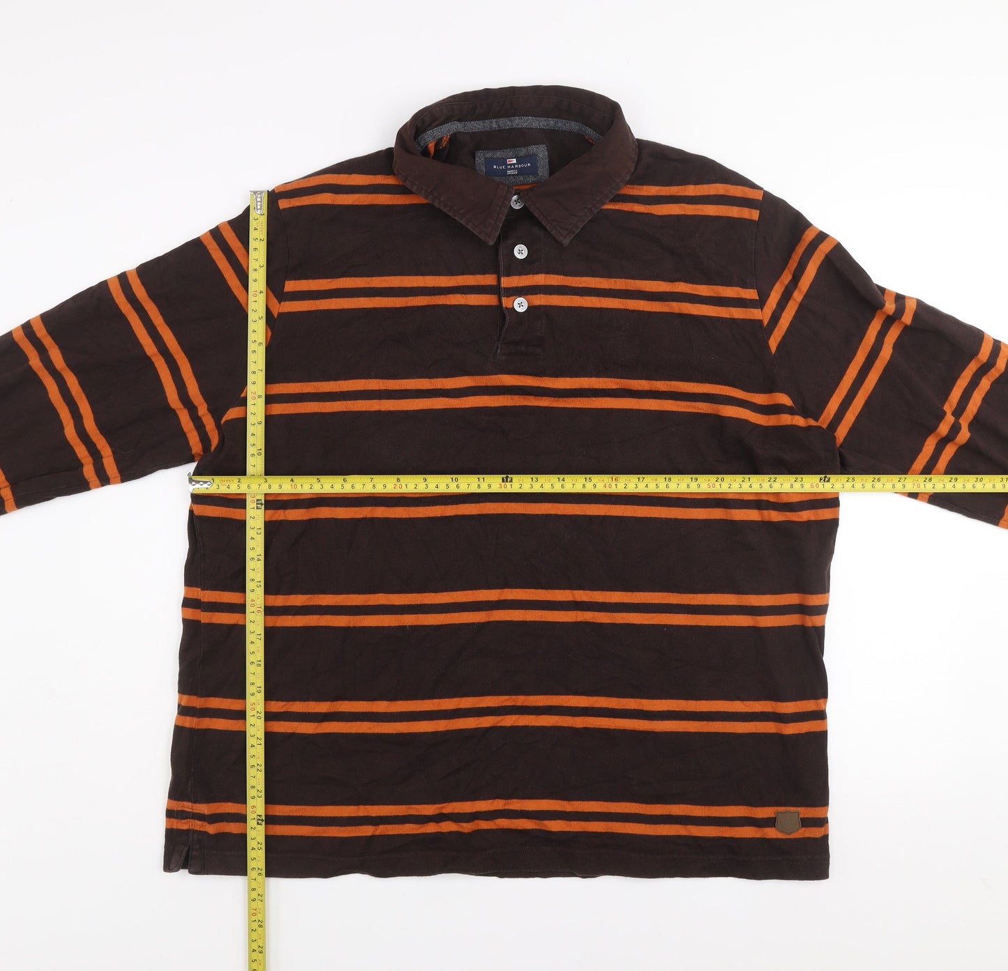 Marks and Spencer Men's Brown Orange Striped Long Sleeve Button-Up Shirt XL