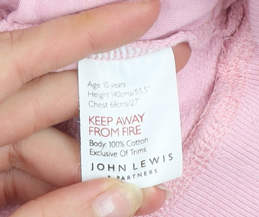 John Lewis Girls Pink Cotton Pullover Hoodie Age 10 Years