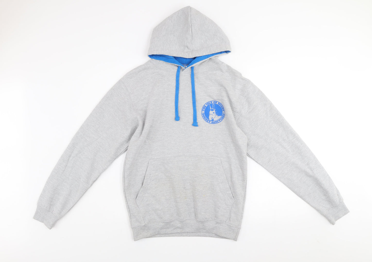 Just Hoods Mens Grey Pullover Hoodie M Blue Lined Hood Logo Print
