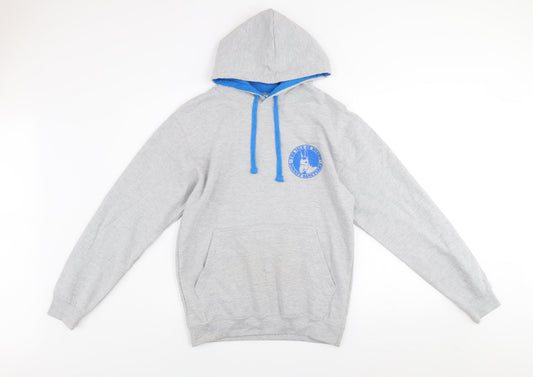 Just Hoods Mens Grey Pullover Hoodie M Blue Lined Hood Logo Print