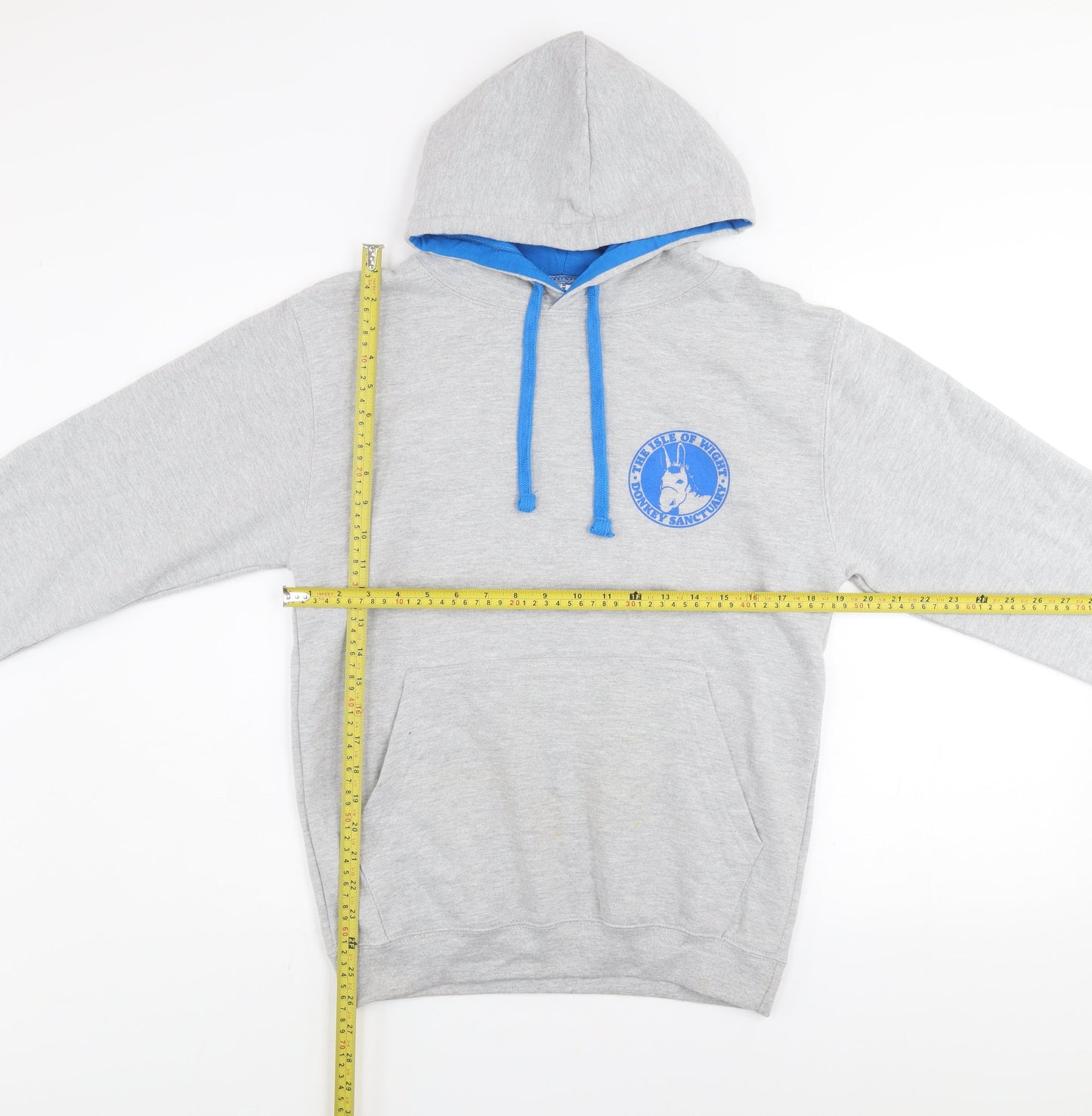 Just Hoods Mens Grey Pullover Hoodie M Blue Lined Hood Logo Print