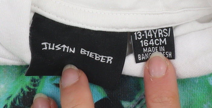Justin Bieber Girls White Pullover Hoodie 13-14 Years Graphic Print