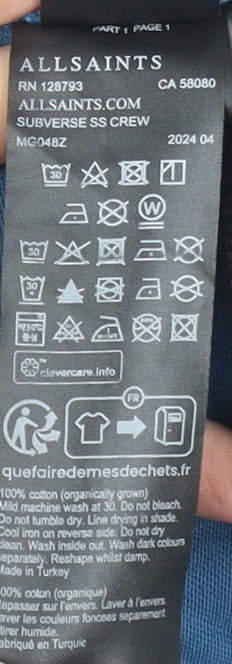 AllSaints Men's Blue Oversized Cotton Crew Neck T-Shirt Medium