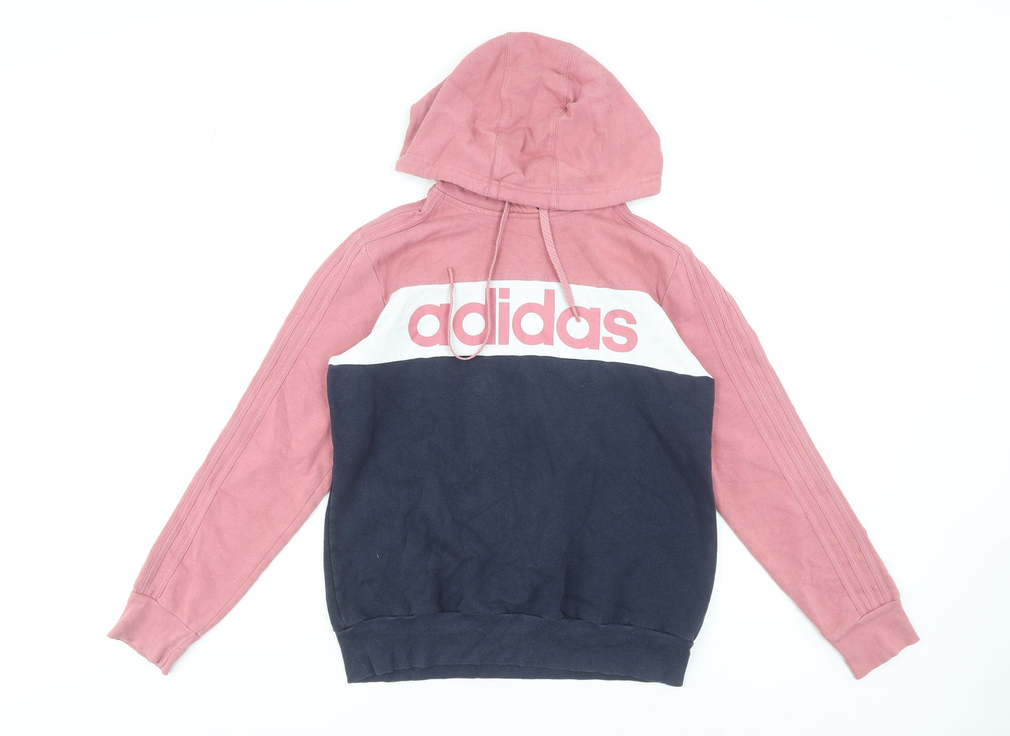 Adidas Womens Pink & Navy Pullover Hoodie UK 12-14 Hooded Logo Cotton Blend