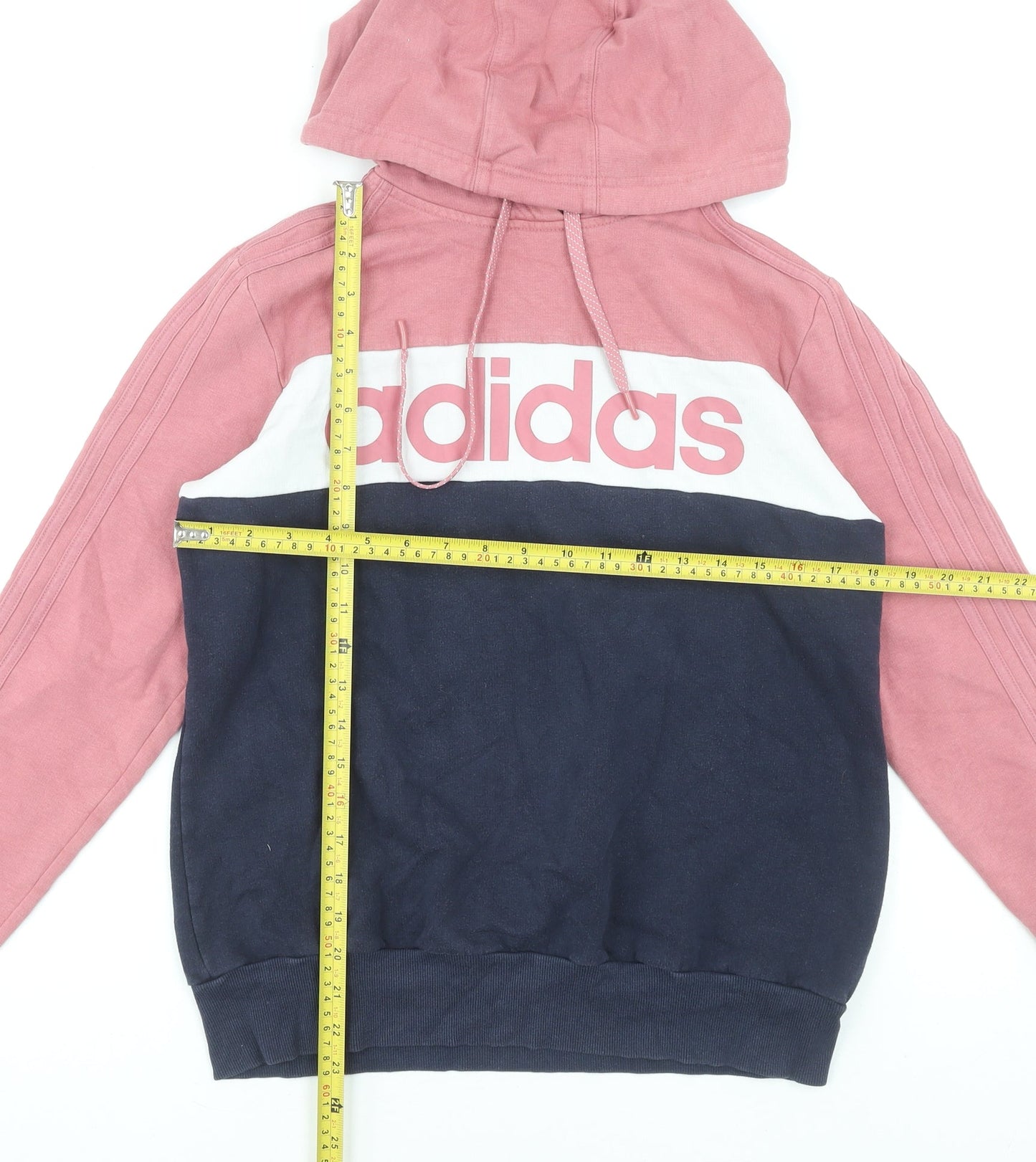 Adidas Womens Pink & Navy Pullover Hoodie UK 12-14 Hooded Logo Cotton Blend