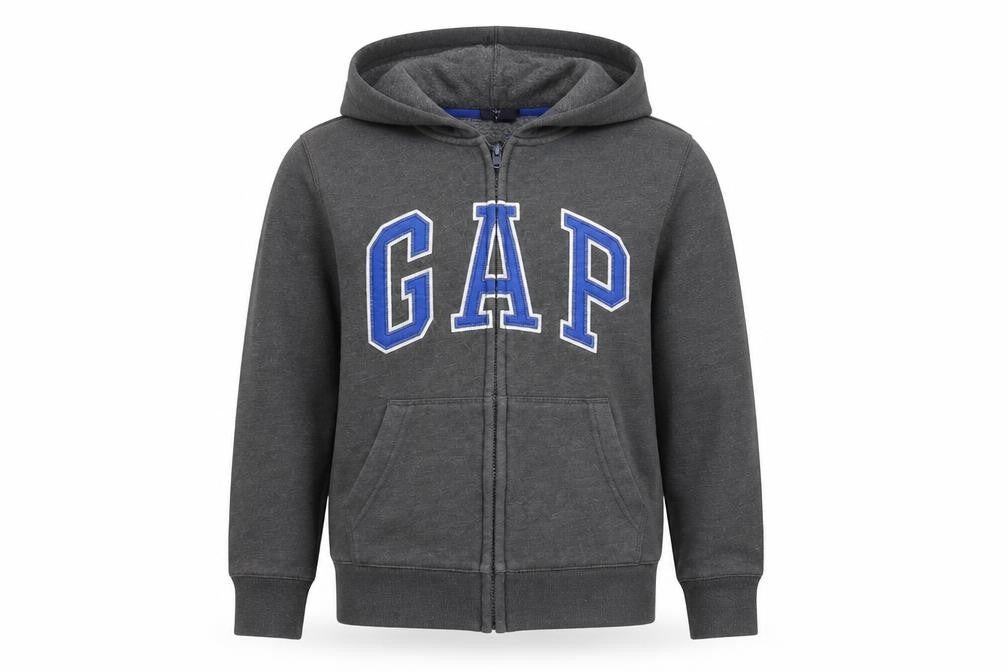 Front view of Gap Kids boys’ grey full zip fleece hoodie 12 years logo hooded sweatshirt