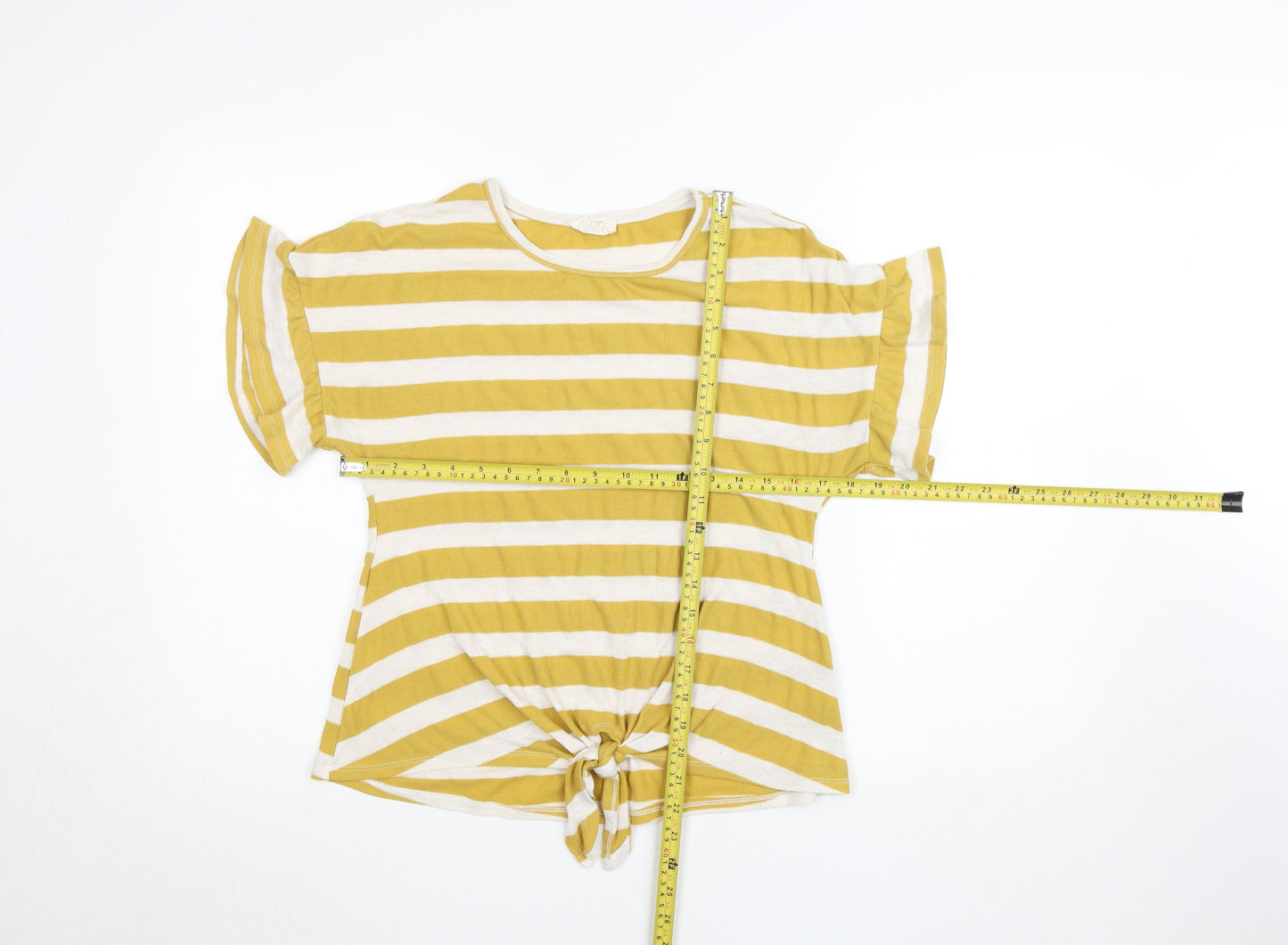 Melloday Women’s Yellow Striped Tie-Front Short Sleeve Cotton T-Shirt Size S