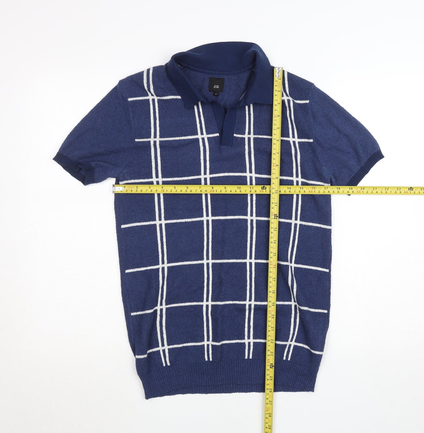 River Island Men's Blue Check Collared Short Sleeve Jumper Size S