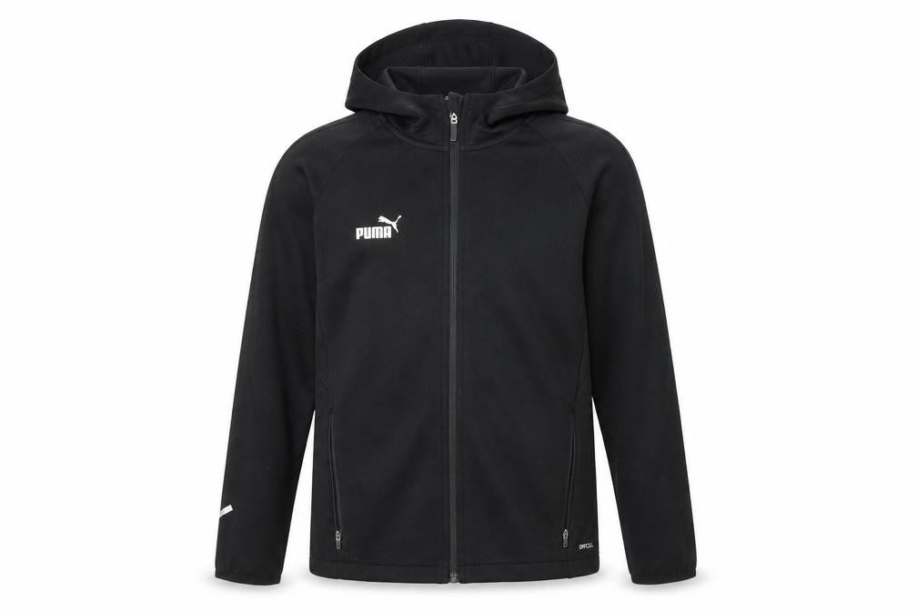 Front view of Puma boys’ black 11-12 years track jacket hooded full zip activewear