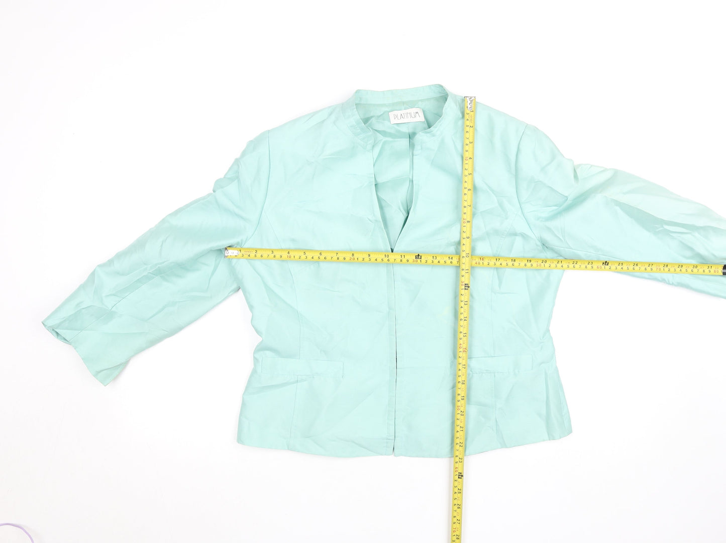Platinum Womens Green Silk Lined Open Front Blazer Size 16