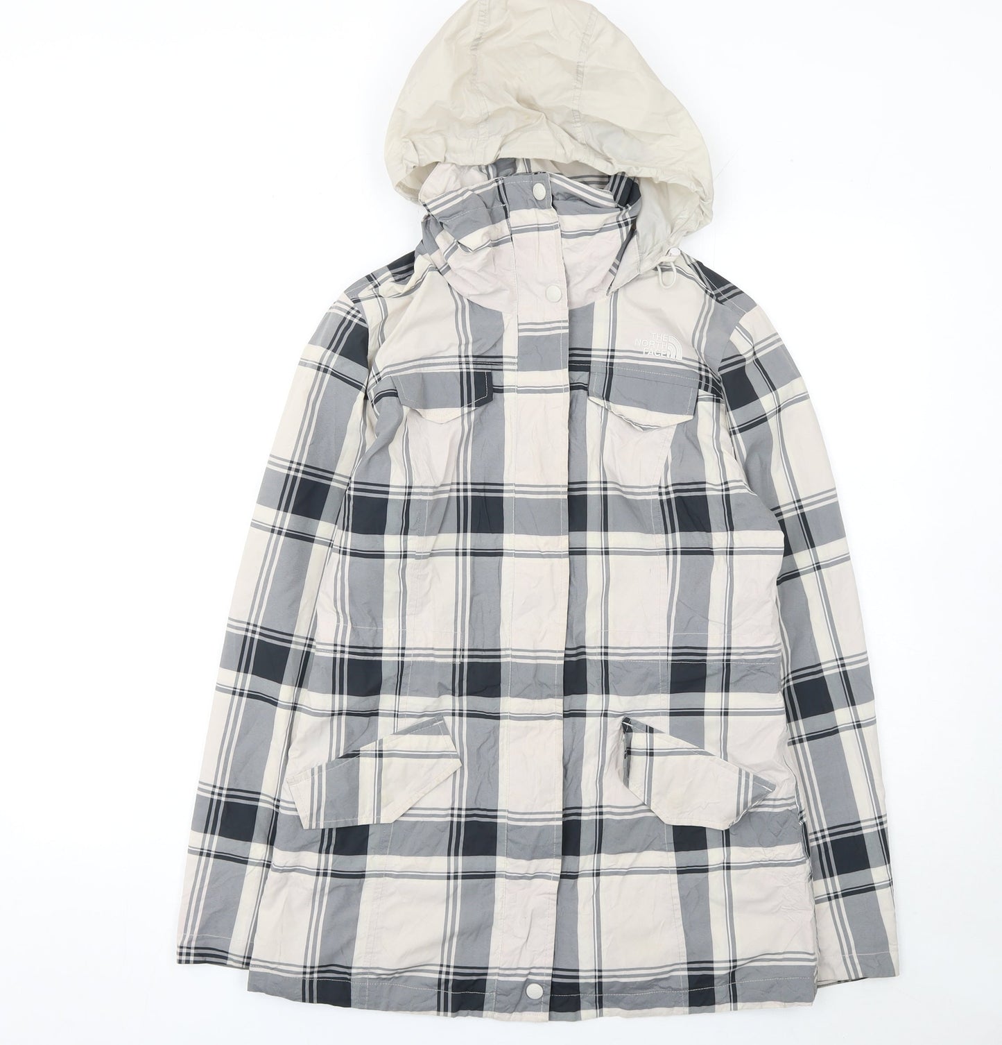 The North Face Womens Grey Check Hooded Waterproof Jacket Size S