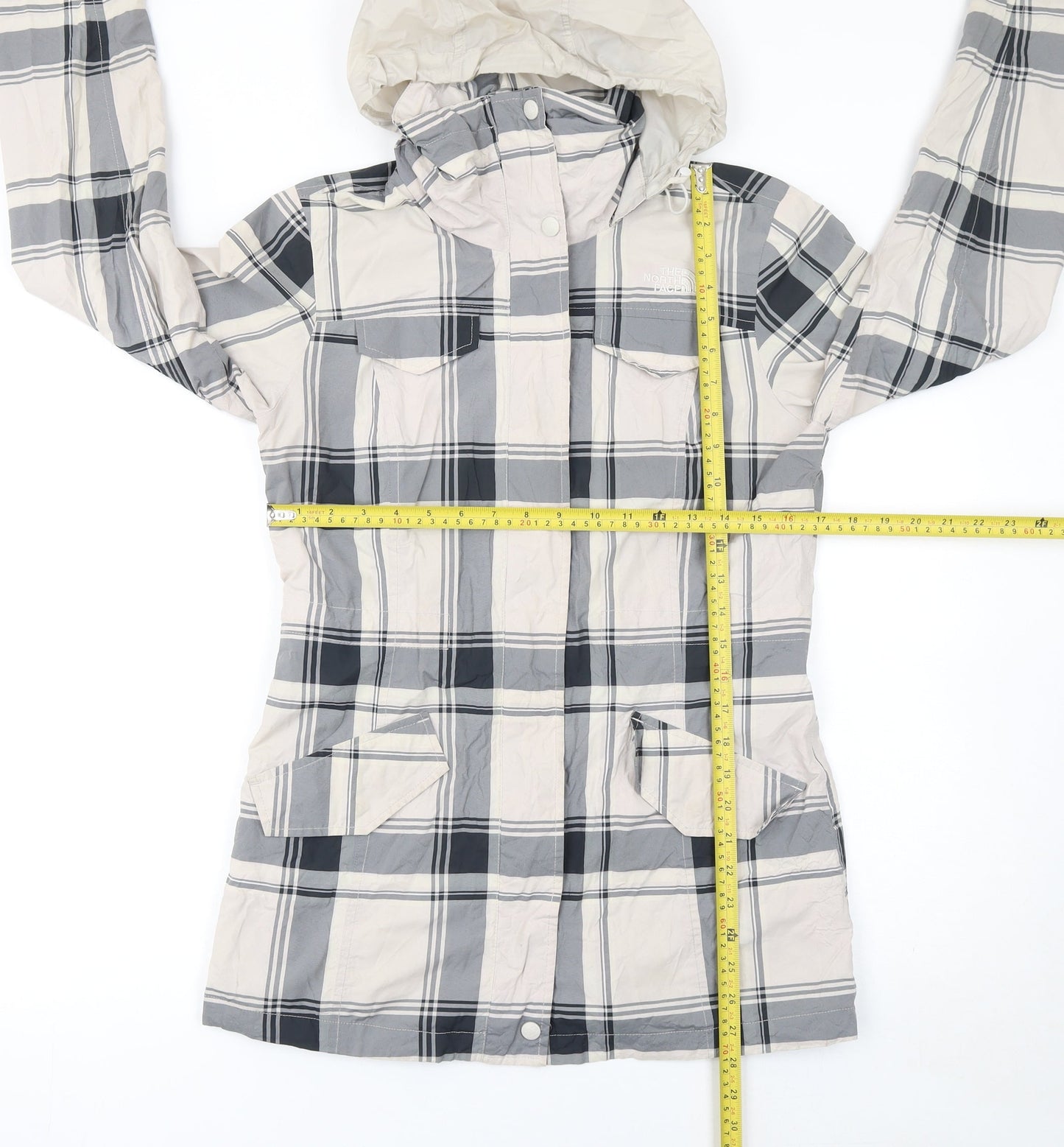 The North Face Womens Grey Check Hooded Waterproof Jacket Size S