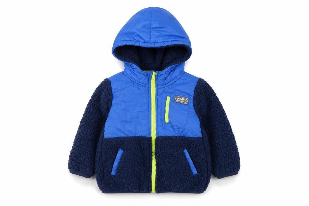 Front view of Eddie Bauer boys’ blue hooded fleece puffer jacket 2 years warm lined zip up