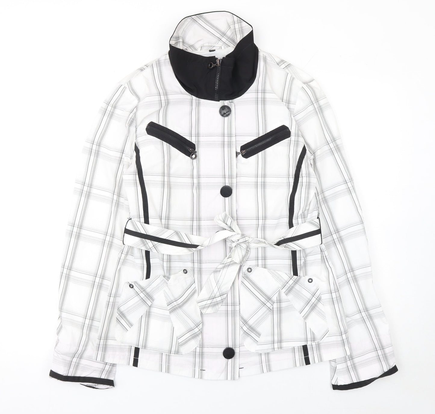 Frandsen Womens White Check Rain Coat Jacket Size 8 Waterproof Belted
