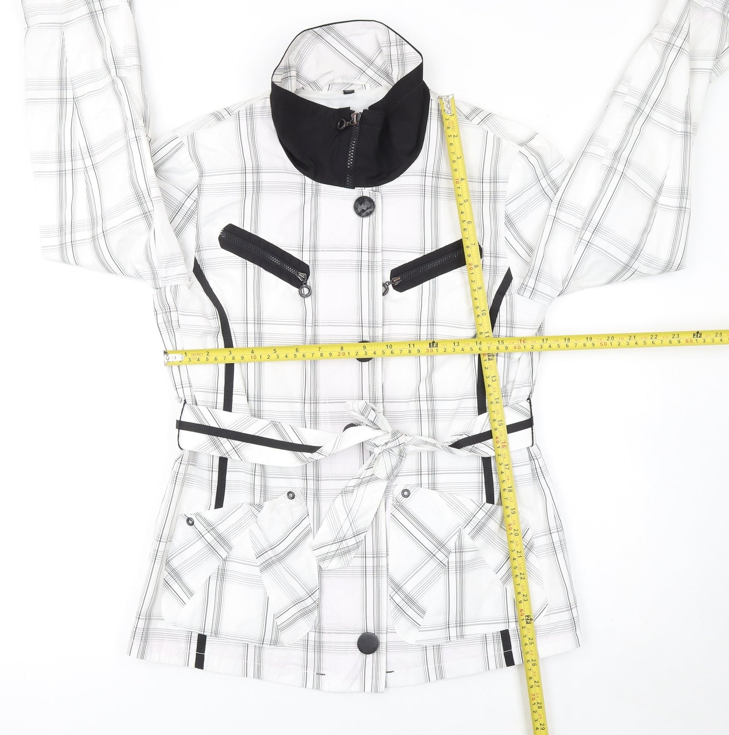 Frandsen Womens White Check Rain Coat Jacket Size 8 Waterproof Belted