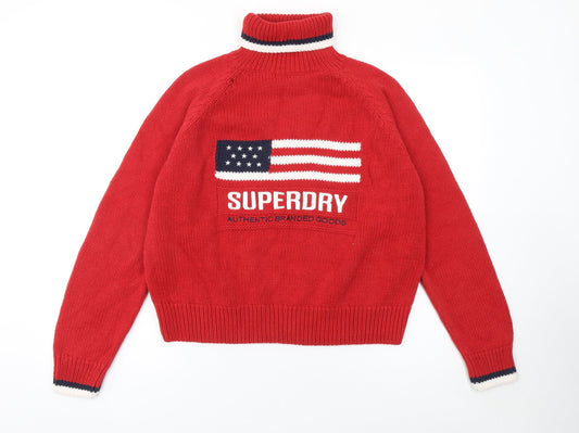 Superdry Women's Red Roll Neck Knit Jumper Size 16 Logo Design