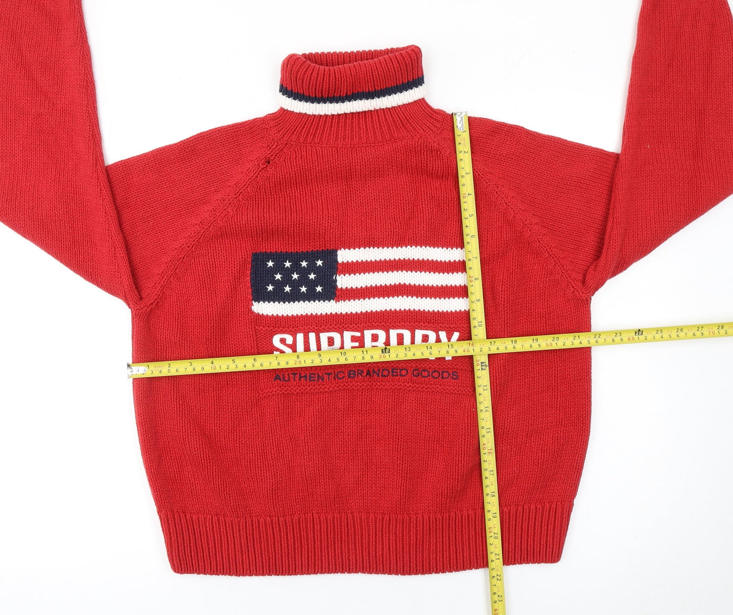 Superdry Women's Red Roll Neck Knit Jumper Size 16 Logo Design