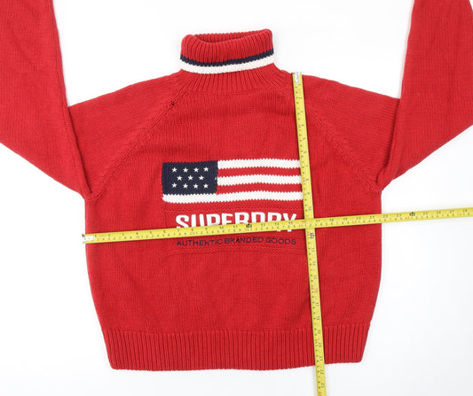 Superdry Women's Red Roll Neck Knit Jumper Size 16 Logo Design