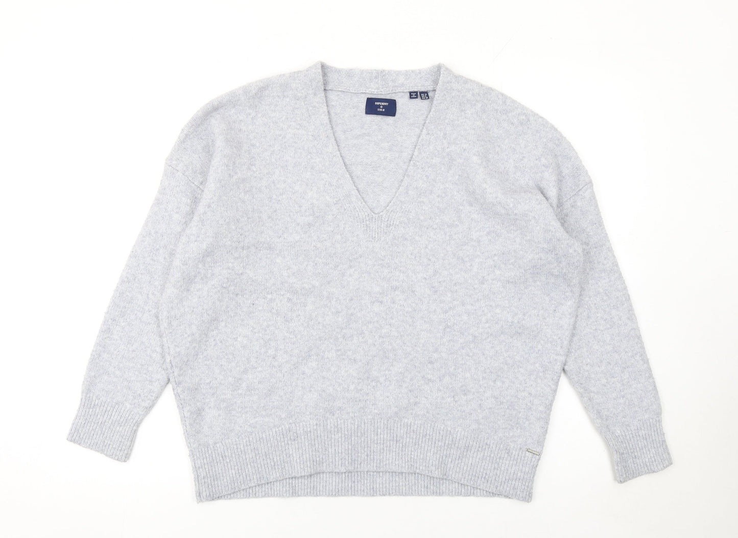 Superdry Women Grey V-Neck Wool Blend Pullover Jumper Size 10