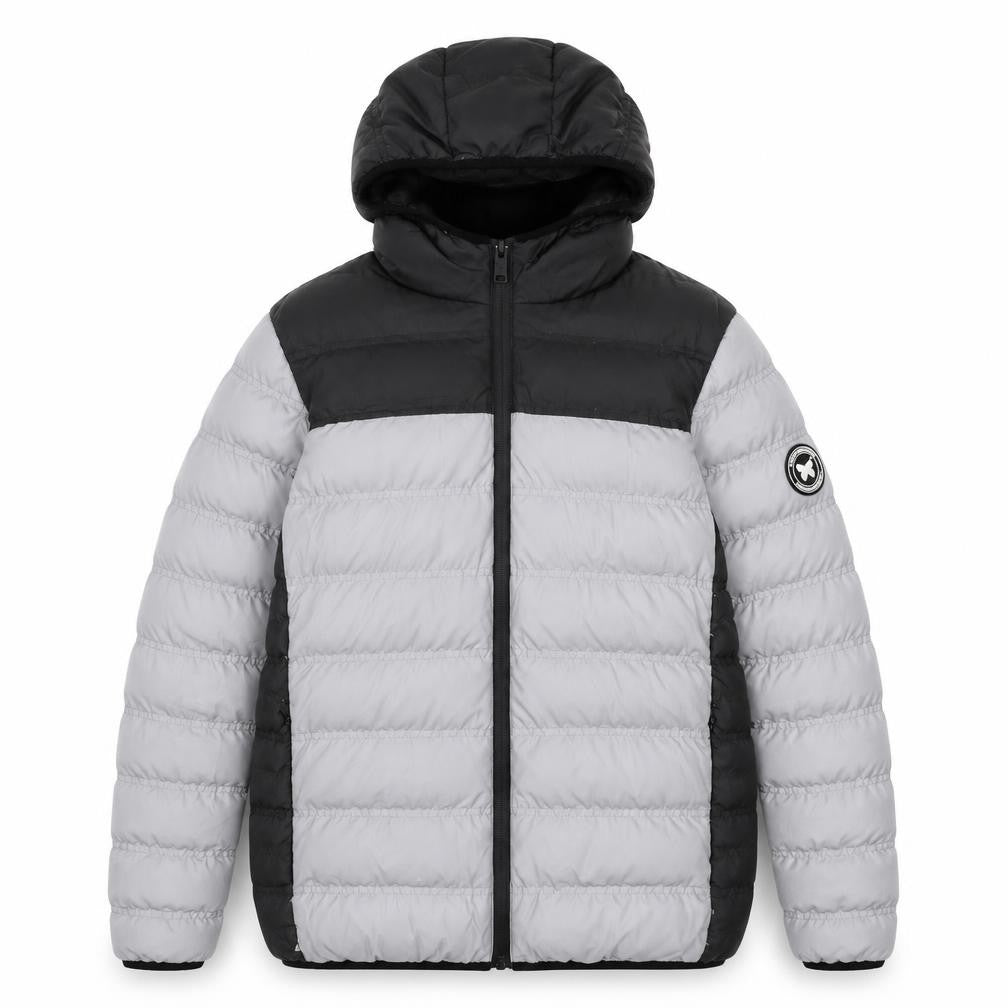 Front view of GOODFORNOTHING boys’ grey colourblock hooded puffer jacket 13-15 years