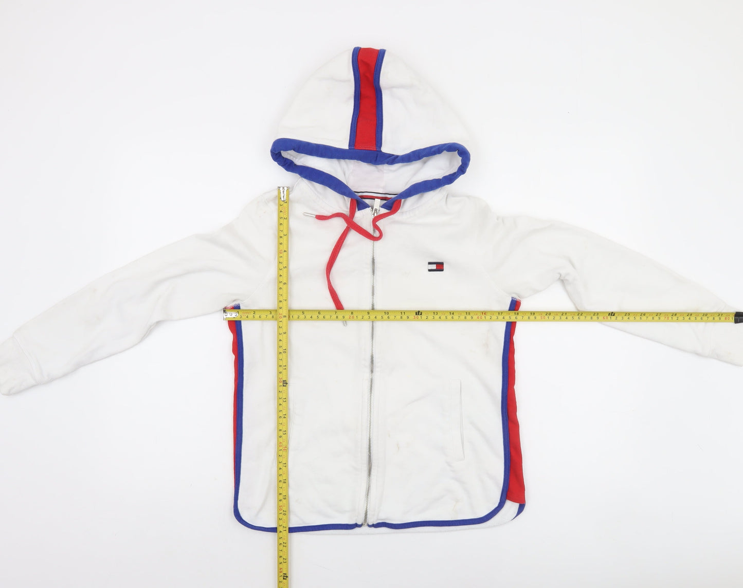 Tommy Hilfiger Women White Full Zip Hoodie Size S Red Blue Trim Sport Style