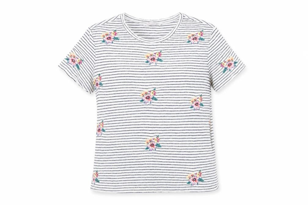 Marks and Spencer Women’s Ivory Floral Embroidered Striped T-Shirt Size 10