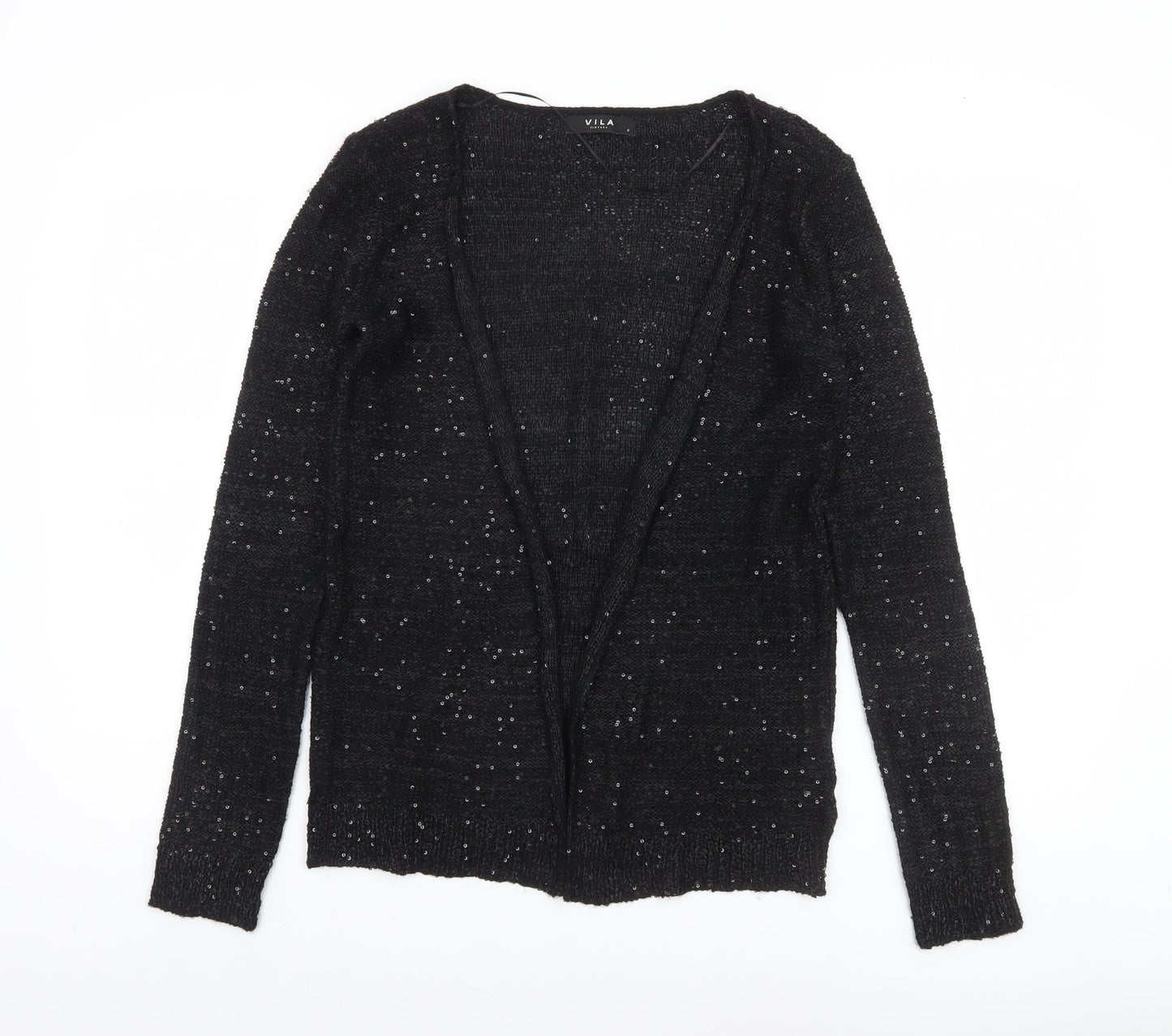 Vila Women’s Black Sequin Open-Knit Long Sleeve Cardigan Size S