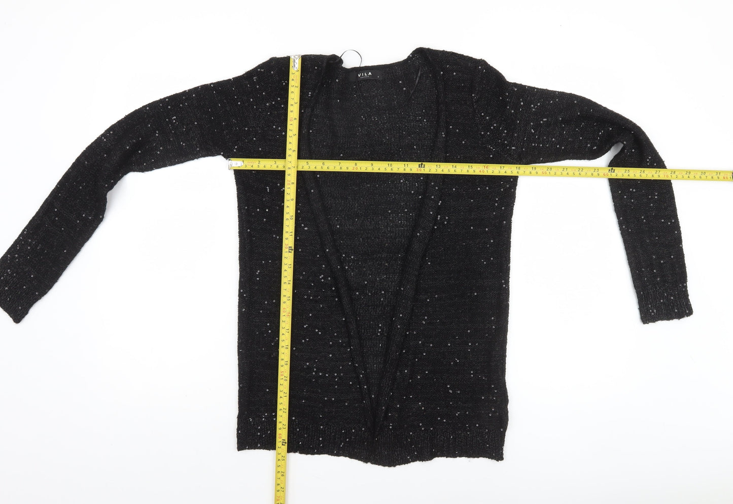 Vila Women’s Black Sequin Open-Knit Long Sleeve Cardigan Size S