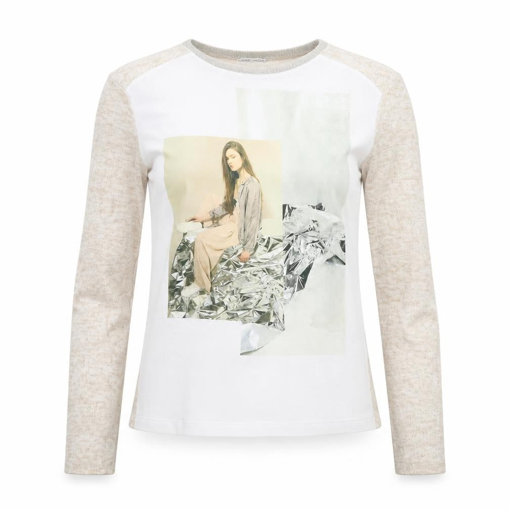 Zara Women Beige Long Sleeve Art Print Jersey T-Shirt Size S