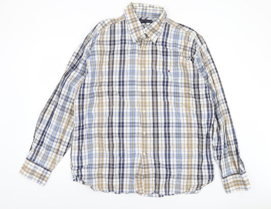 Tommy Hilfiger Men's Blue Beige Plaid Long Sleeve Button-Up Shirt XXL