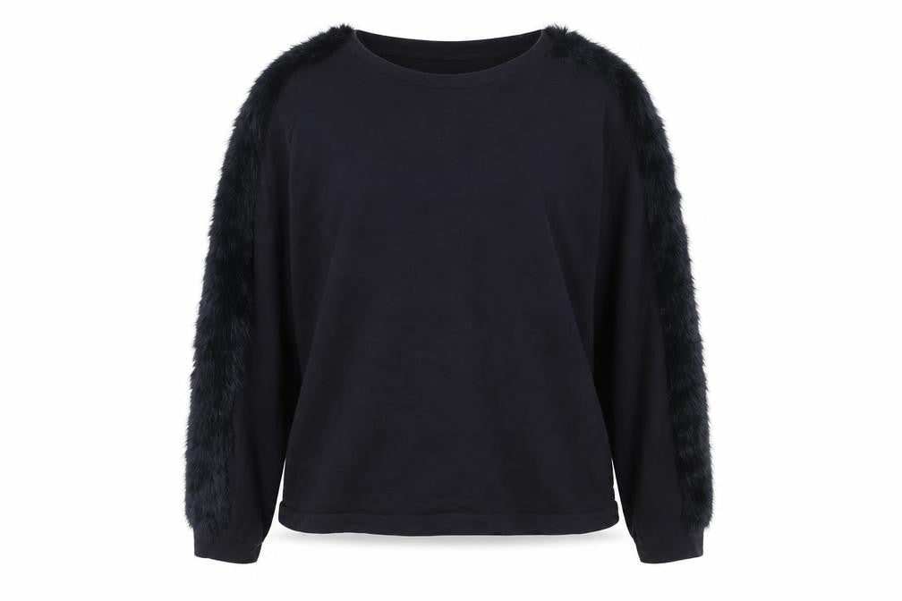 Zara Women Black Faux Fur Trimmed Pullover Sweatshirt Size 12