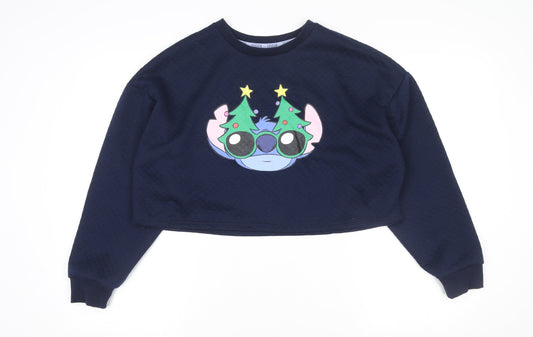 Disney Stitch Navy Christmas Crop Sweatshirt Womens M 12-14 Primark