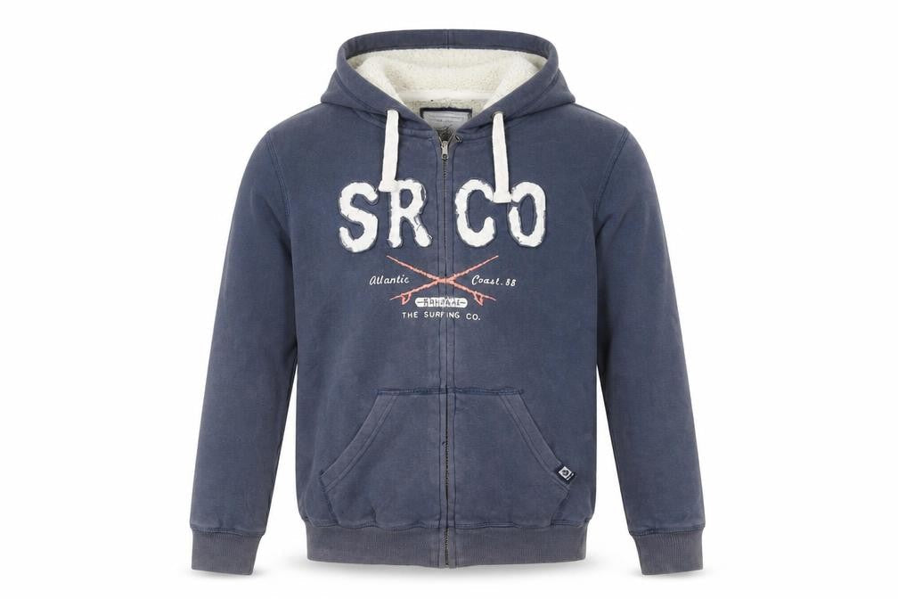 Front view of Saltrock women’s blue hooded full zip fleece lined jacket, size UK 10