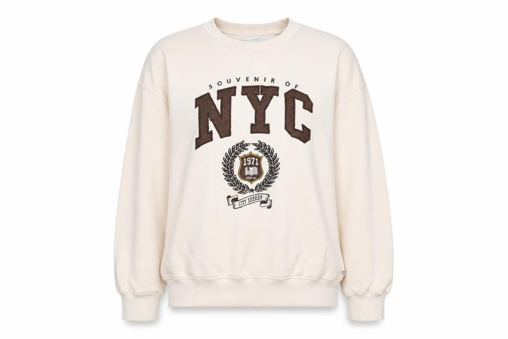 Pull&Bear Womens Beige NYC Graphic Pullover Sweatshirt Size M
