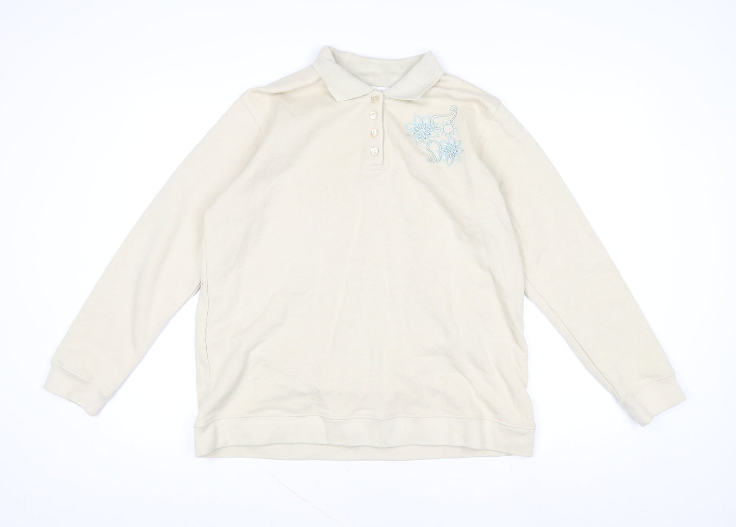 EWM Pure Classics Women's Beige Embroidered Henley Sweatshirt Size L 18-20