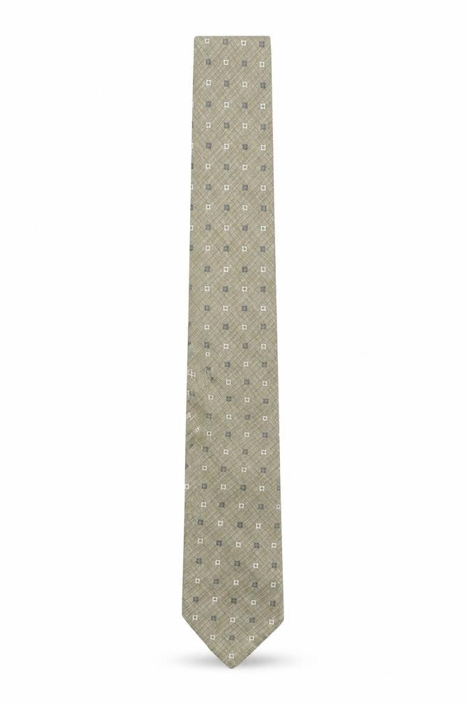 Front view of Jaeger Men's Beige Geometric Pattern 100% Silk Tie Made in Italy
