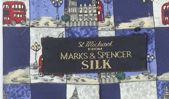 Marks and Spencer Men Blue Silk London Theme Pattern Tie 176cm