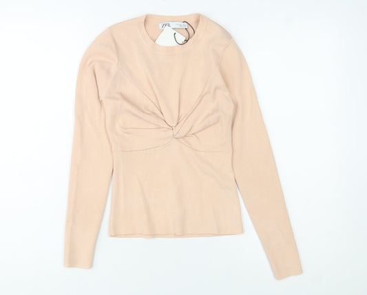 Zara Women Beige Knit Slim Fit Long Sleeve Crew Neck Blouse Size 8