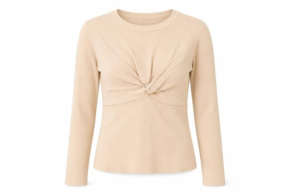 Zara Women Beige Knit Slim Fit Long Sleeve Crew Neck Blouse Size 8