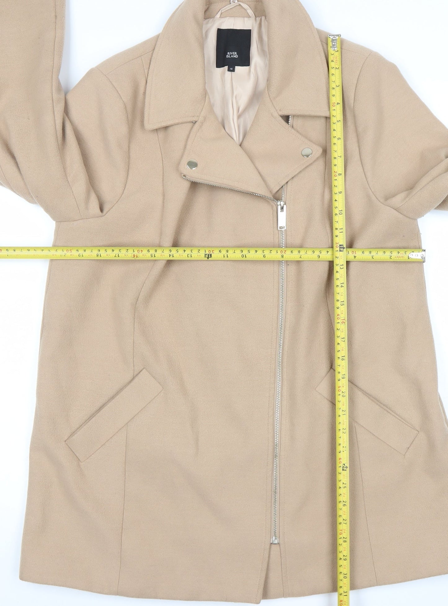 River Island Women’s Beige Wool Blend Biker Coat Size 16