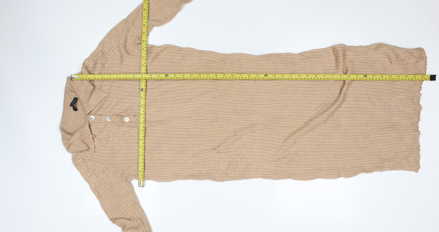 LC Waikiki Women Beige Ribbed Knit Collared Midi Shirt Dress L