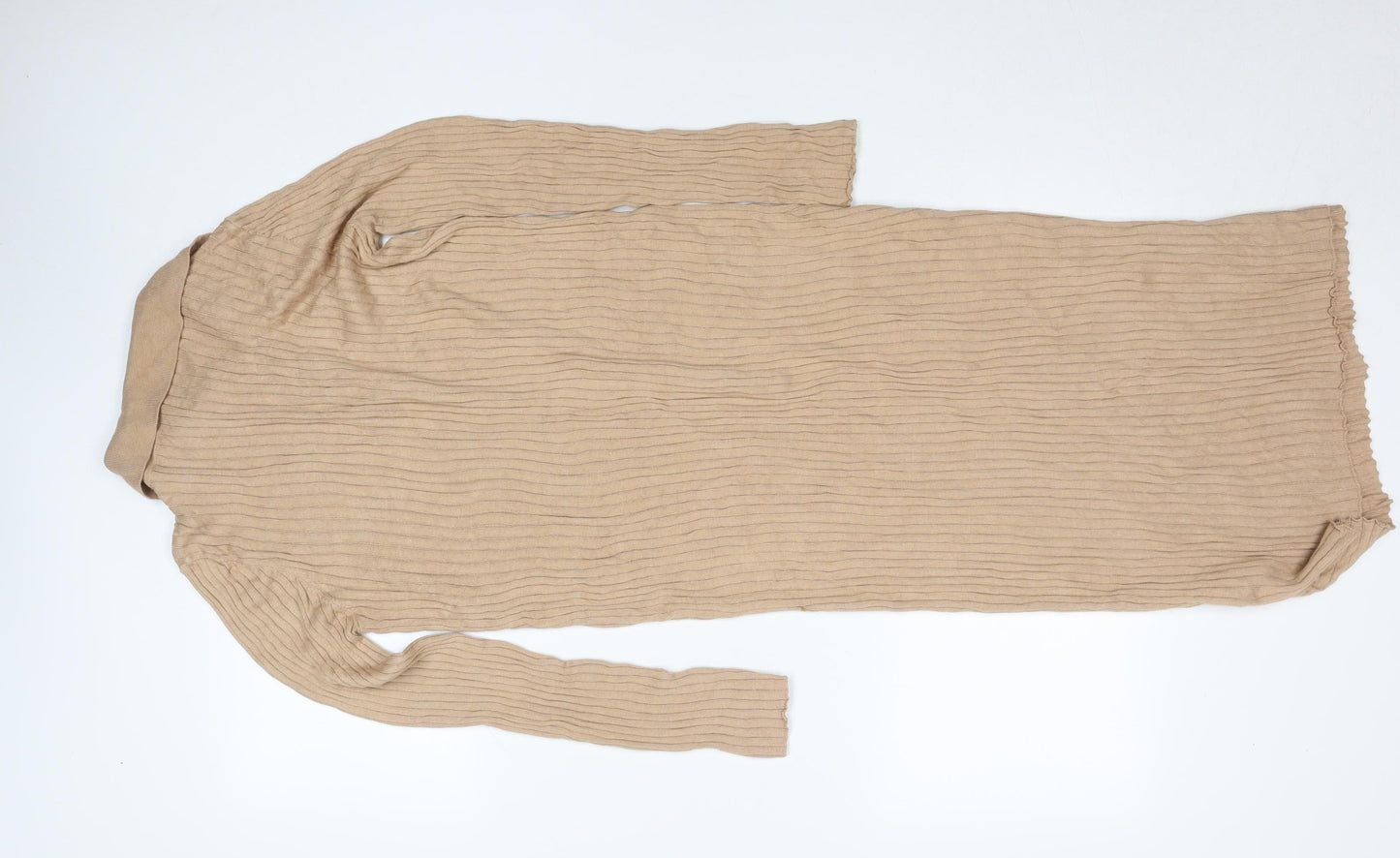 LC Waikiki Women Beige Ribbed Knit Collared Midi Shirt Dress L