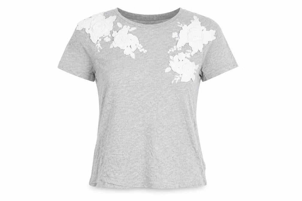Topshop Petite Grey Floral Embroidered Cotton T-Shirt Size 4
