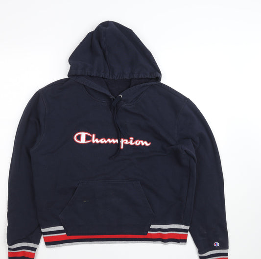 Champion Men's Blue Pullover Hoodie Size M Logo Stripe Hem