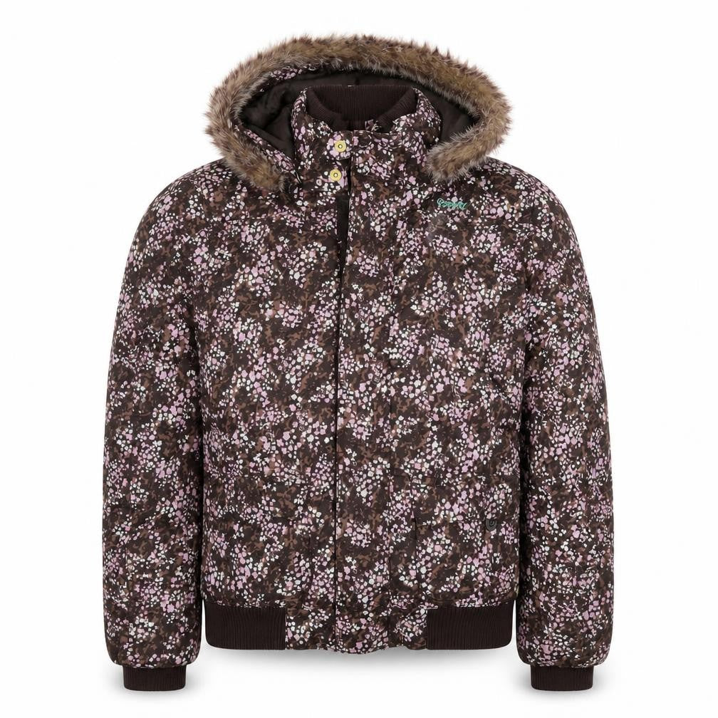 Front view of Protest girls’ brown floral hooded waterproof puffer jacket, size 16, years