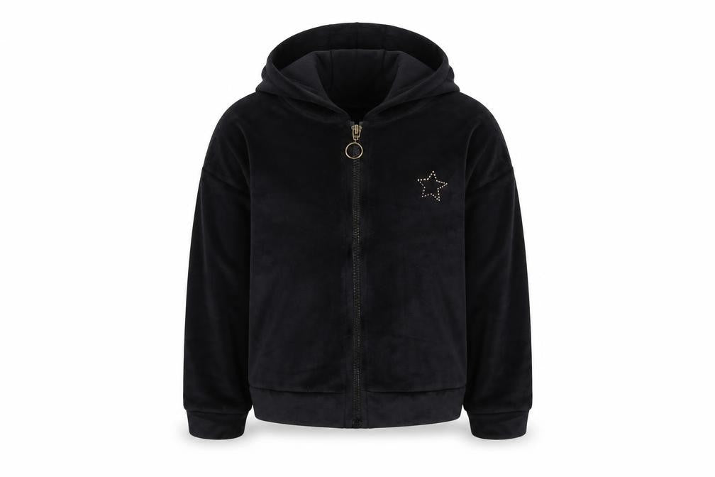 Front view of Tu girls’ black velour full zip hoodie 6 years with star detail