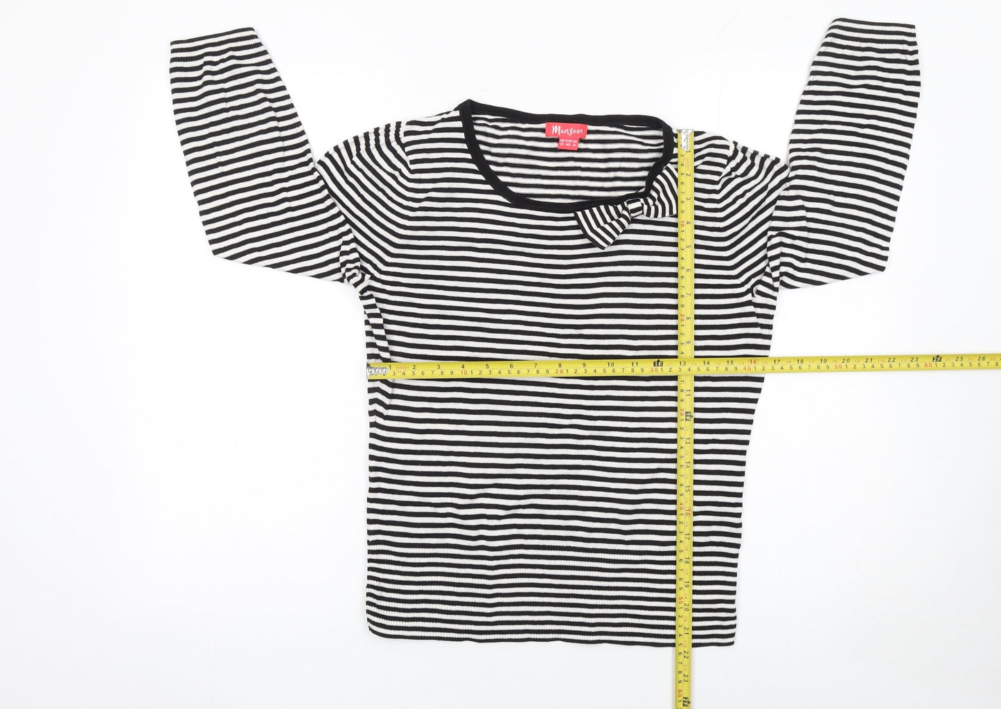 Monsoon Women's Black White Striped Bow Jumper Size 12 Cotton Knit